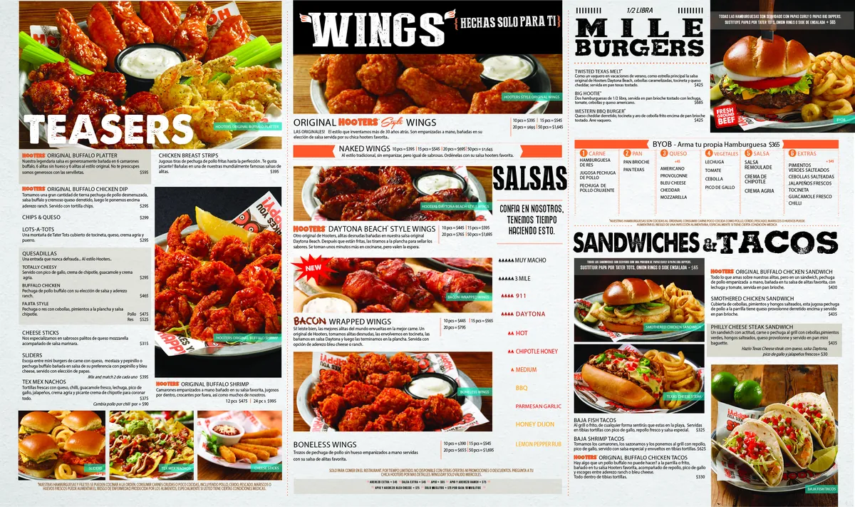 Menú impreso de Hooters Dominicana