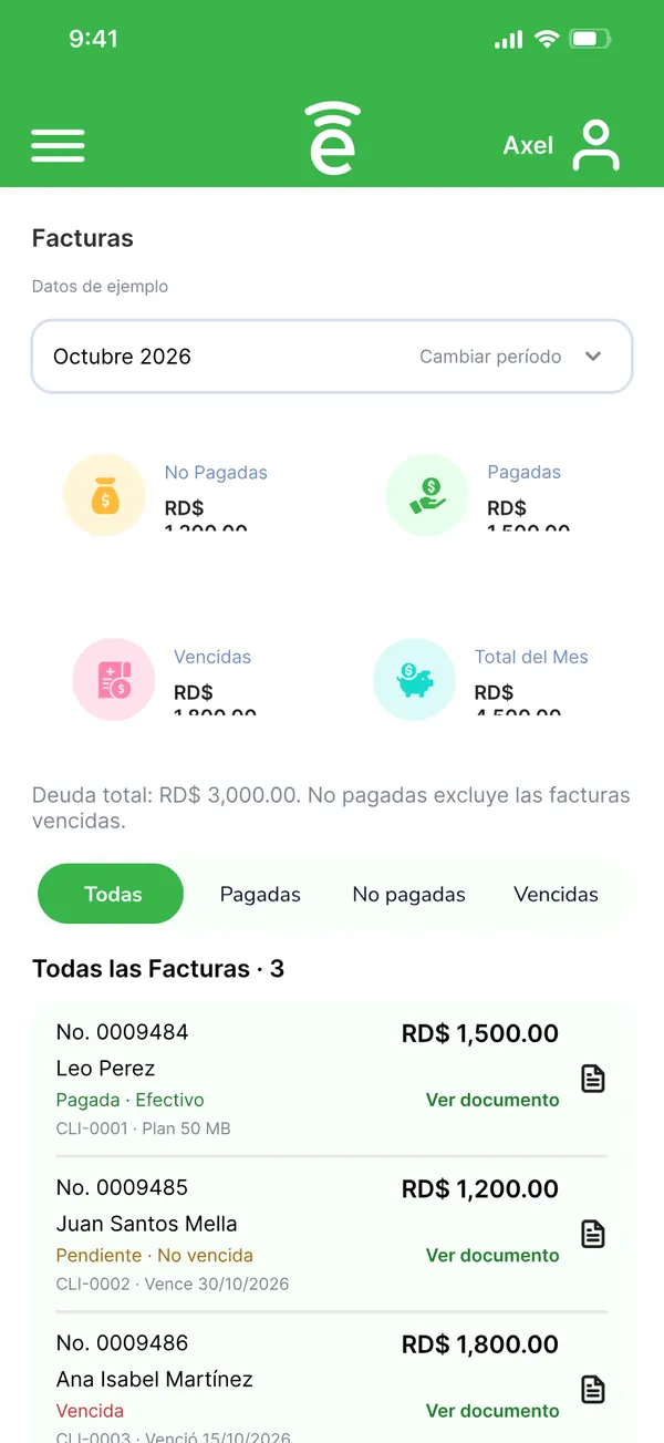 Facturas del período con filtros